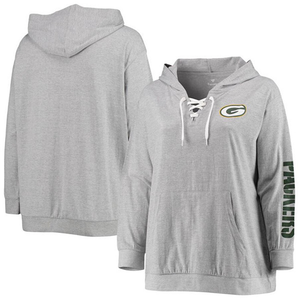 Women's Green Bay Packers Heathered Gray Lace-Up Pullover Hoodie